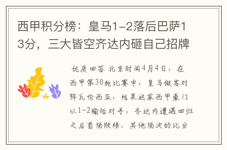 西甲积分榜:皇马1-2落后巴萨13分,三大皆空齐达内砸自己招牌?