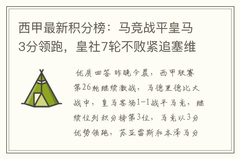 西甲最新积分榜:马竞战平皇马3分领跑,皇社7轮不败紧追塞维