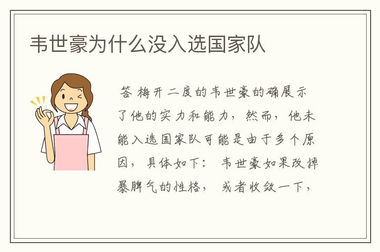 韦世豪为什么没入选国家队