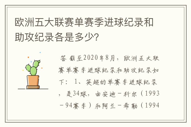 欧洲五大联赛单赛季进球纪录和助攻纪录各是多少?