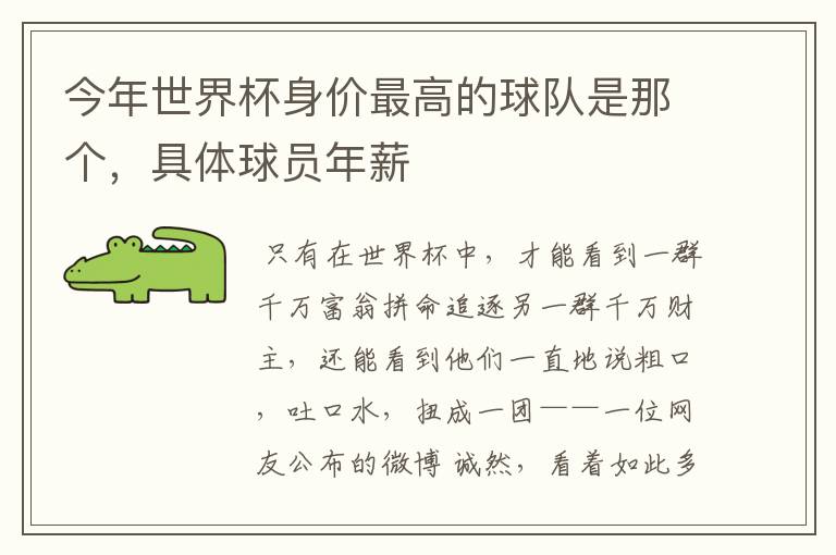 今年世界杯身价最高的球队是那个,具体球员年薪