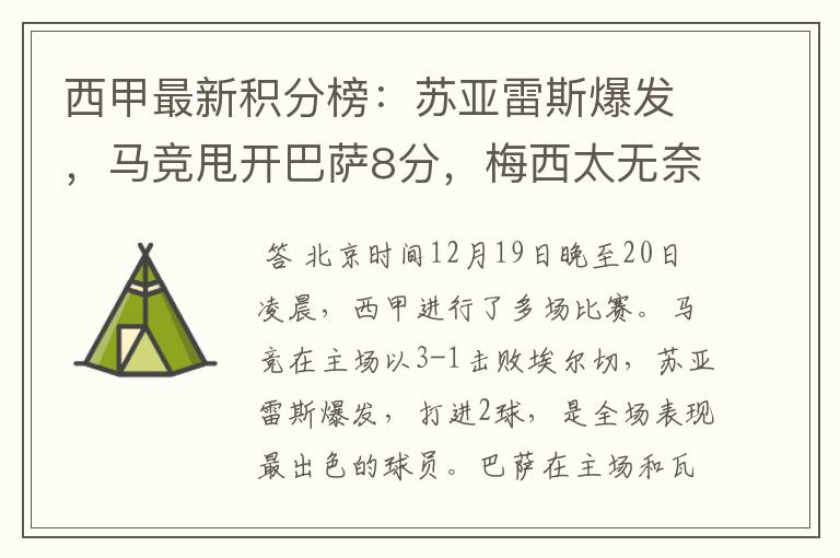 西甲最新积分榜:苏亚雷斯爆发,马竞甩开巴萨8分,梅西太无奈