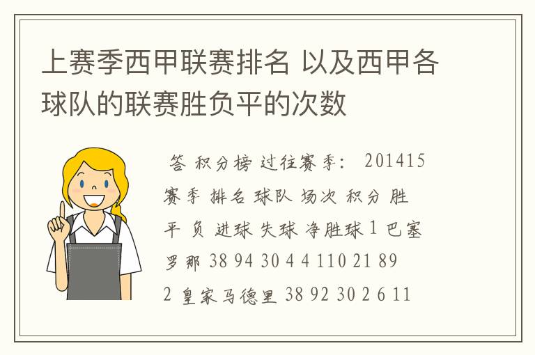 上赛季西甲联赛排名 以及西甲各球队的联赛胜负平的次数