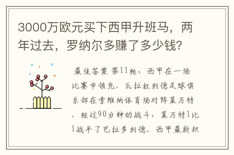 3000万欧元买下西甲升班马,两年过去,罗纳尔多赚了多少钱?