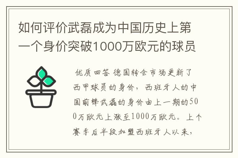如何评价武磊成为中国历史上第一个身价突破1000万欧元的球员?