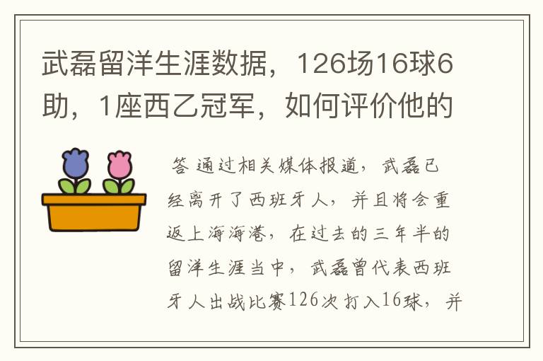 武磊留洋生涯数据,126场16球6助,1座西乙冠军,如何评价他的表现?