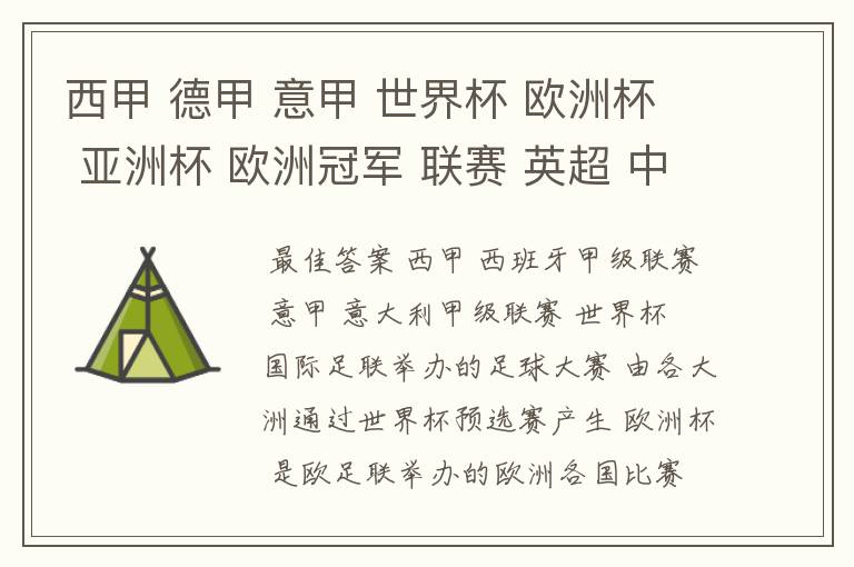 西甲 德甲 意甲 世界杯 欧洲杯 亚洲杯 欧洲冠军 联赛 英超 中超 分别是什么意思啊?