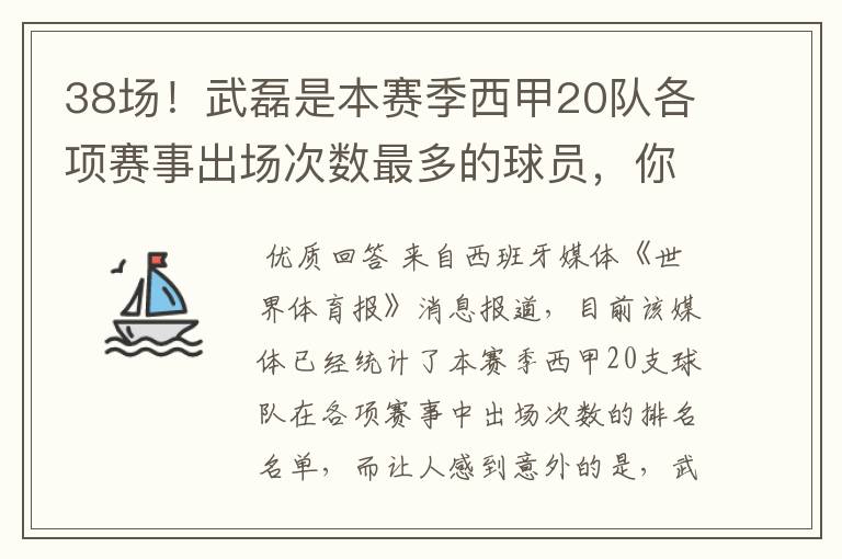 38场!武磊是本赛季西甲20队各项赛事出场次数最多的球员,你怎么看?