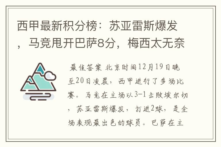 西甲最新积分榜:苏亚雷斯爆发,马竞甩开巴萨8分,梅西太无奈