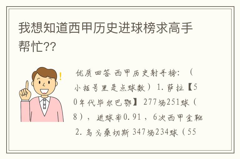 我想知道西甲历史进球榜求高手帮忙??