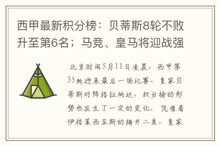 西甲最新积分榜:贝蒂斯8轮不败升至第6名;马竞、皇马将迎战强敌