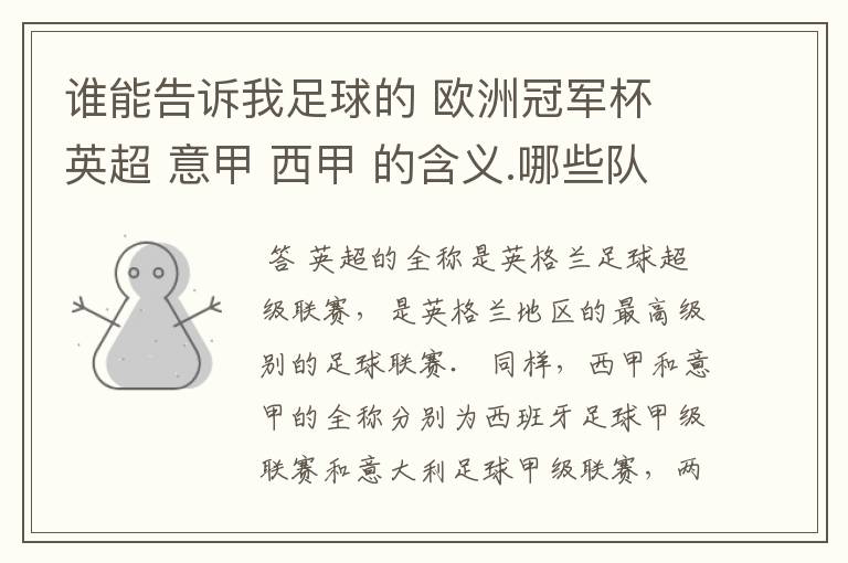 谁能告诉我足球的 欧洲冠军杯 英超 意甲 西甲 的含义.哪些队 怎么进行比赛的.
