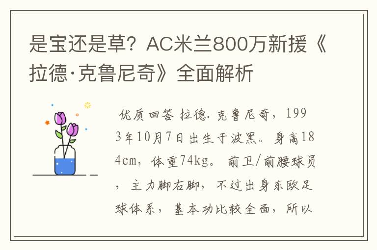 是宝还是草?AC米兰800万新援《拉德·克鲁尼奇》全面解析