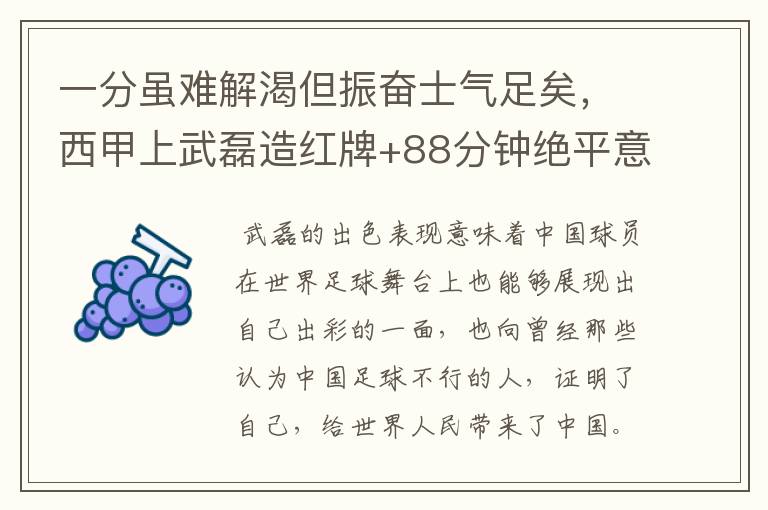 一分虽难解渴但振奋士气足矣,西甲上武磊造红牌+88分钟绝平意味着什么?
