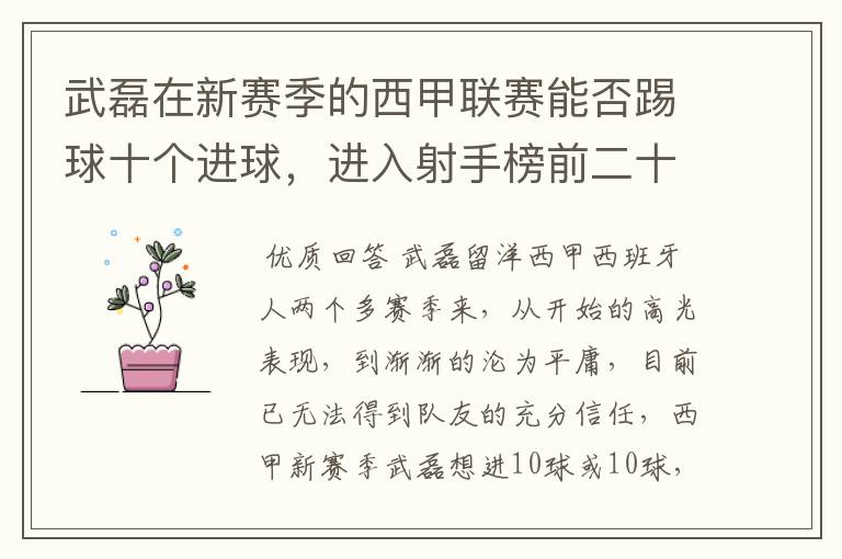 武磊在新赛季的西甲联赛能否踢球十个进球，进入射手榜前二十？