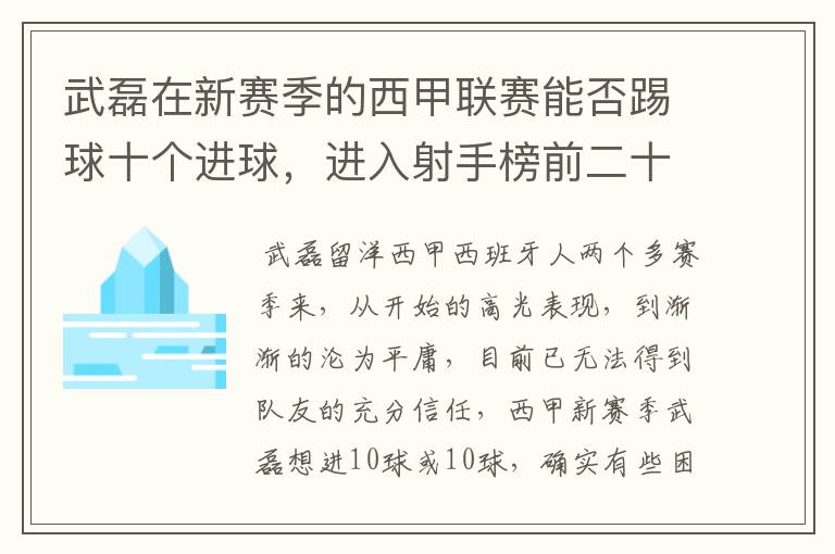 武磊在新赛季的西甲联赛能否踢球十个进球，进入射手榜前二十？