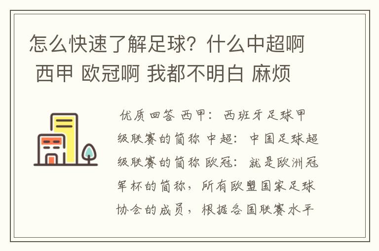 怎么快速了解足球?什么中超啊 西甲 欧冠啊 我都不明白 麻烦 有哪位特别了解足球的 跟我讲讲,多谢