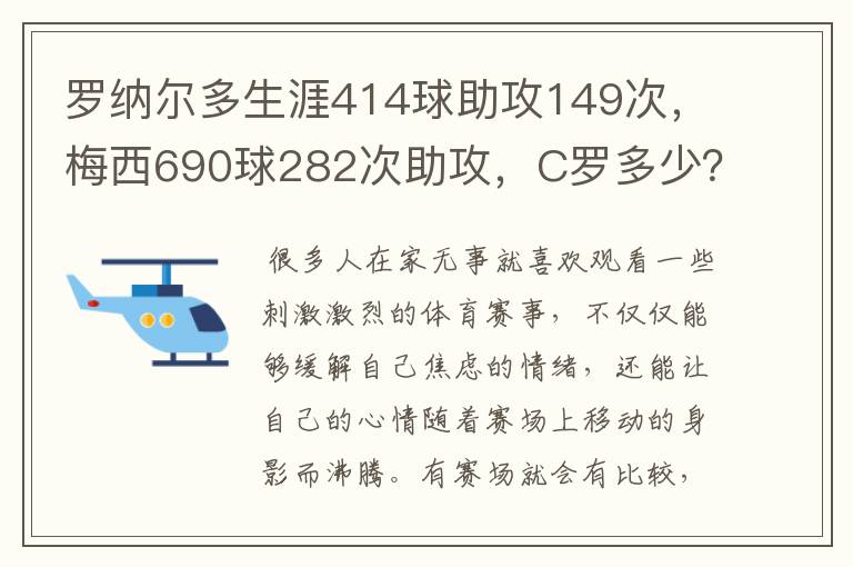罗纳尔多生涯414球助攻149次,梅西690球282次助攻,C罗多少?
