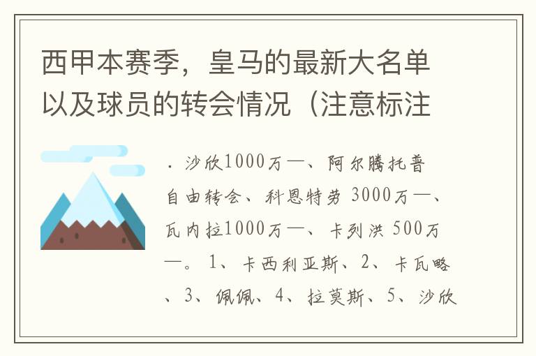 西甲本赛季,皇马的最新大名单以及球员的转会情况(注意标注球员身价)