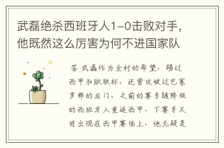 武磊绝杀西班牙人1-0击败对手,他既然这么厉害为何不进国家队?