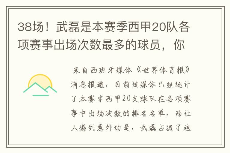 38场!武磊是本赛季西甲20队各项赛事出场次数最多的球员,你怎么看?