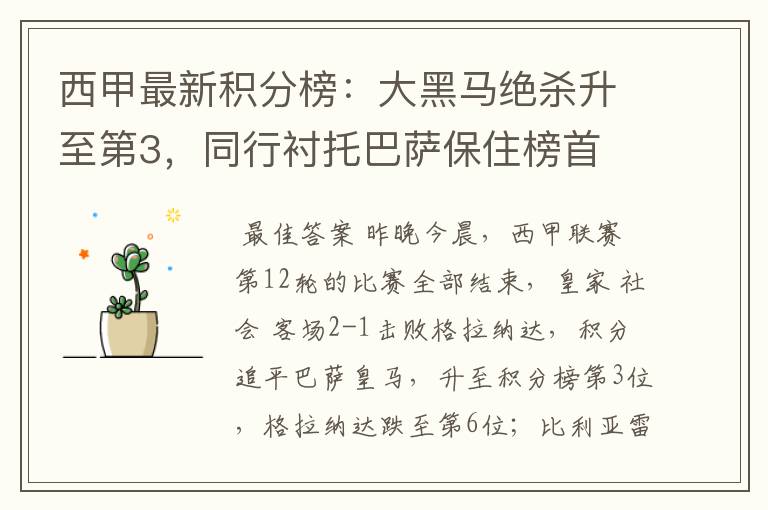 西甲最新积分榜:大黑马绝杀升至第3,同行衬托巴萨保住榜首