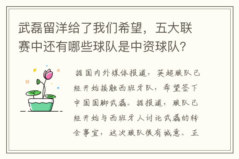 武磊留洋给了我们希望,五大联赛中还有哪些球队是中资球队?