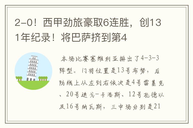 2-0!西甲劲旅豪取6连胜,创131年纪录!将巴萨挤到第4