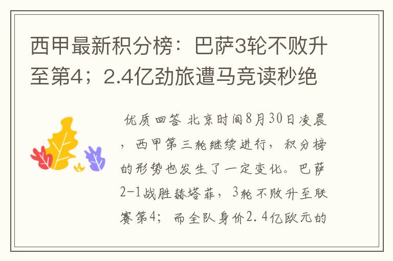 西甲最新积分榜：巴萨3轮不败升至第4；2.4亿劲旅遭马竞读秒绝平