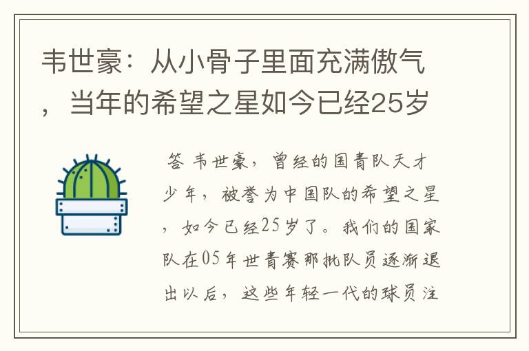 韦世豪:从小骨子里面充满傲气,当年的希望之星如今已经25岁