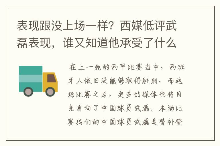 表现跟没上场一样?西媒低评武磊表现,谁又知道他承受了什么呢?