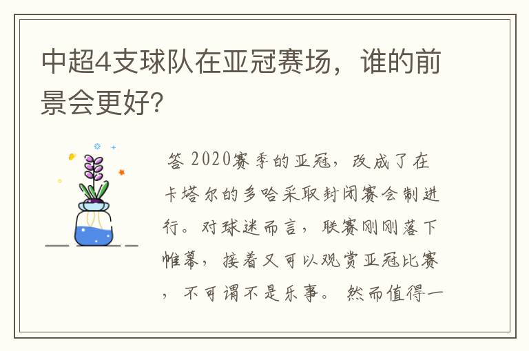 中超4支球队在亚冠赛场,谁的前景会更好?
