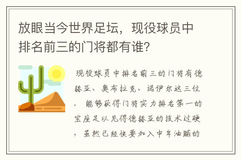 放眼当今世界足坛,现役球员中排名前三的门将都有谁?