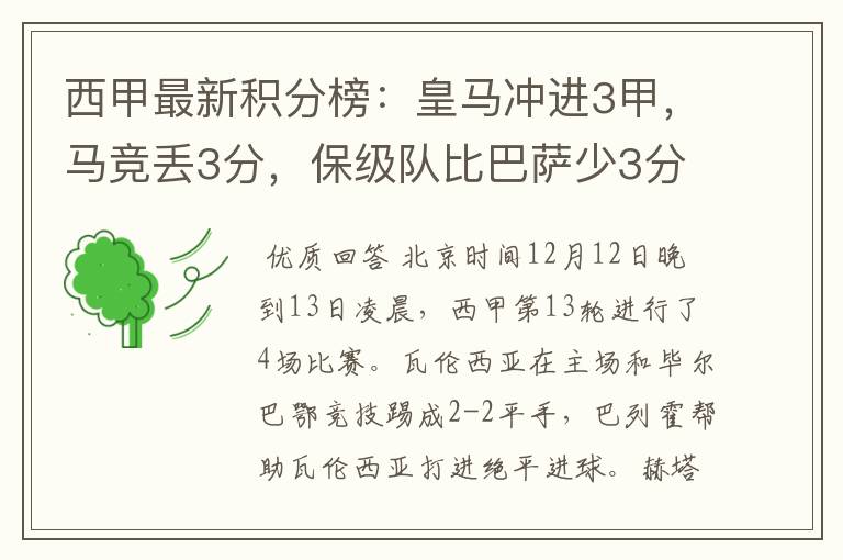 西甲最新积分榜:皇马冲进3甲,马竞丢3分,保级队比巴萨少3分