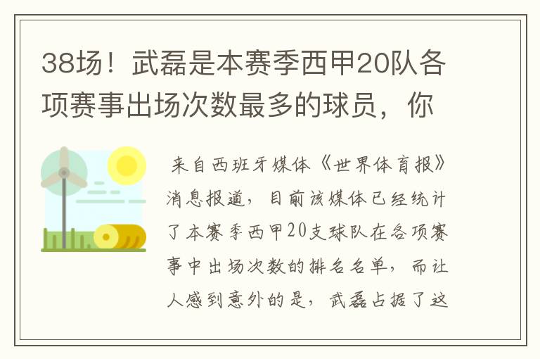 38场!武磊是本赛季西甲20队各项赛事出场次数最多的球员,你怎么看?