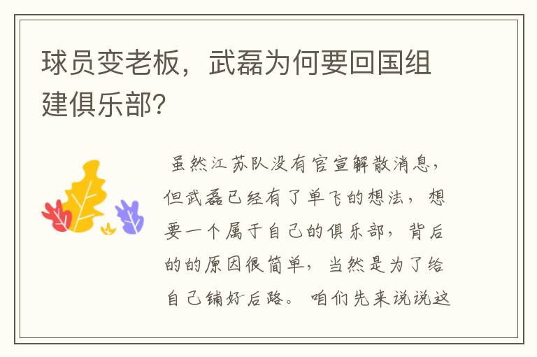 球员变老板,武磊为何要回国组建俱乐部?