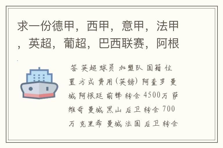 求一份德甲,西甲,意甲,法甲,英超,葡超,巴西联赛,阿根廷联赛2011年夏季转会名单