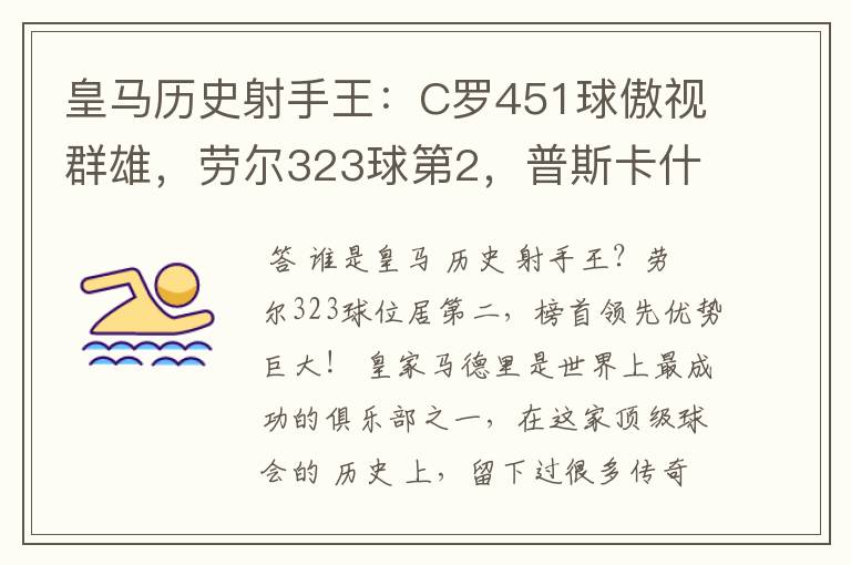皇马历史射手王:C罗451球傲视群雄,劳尔323球第2,普斯卡什上榜