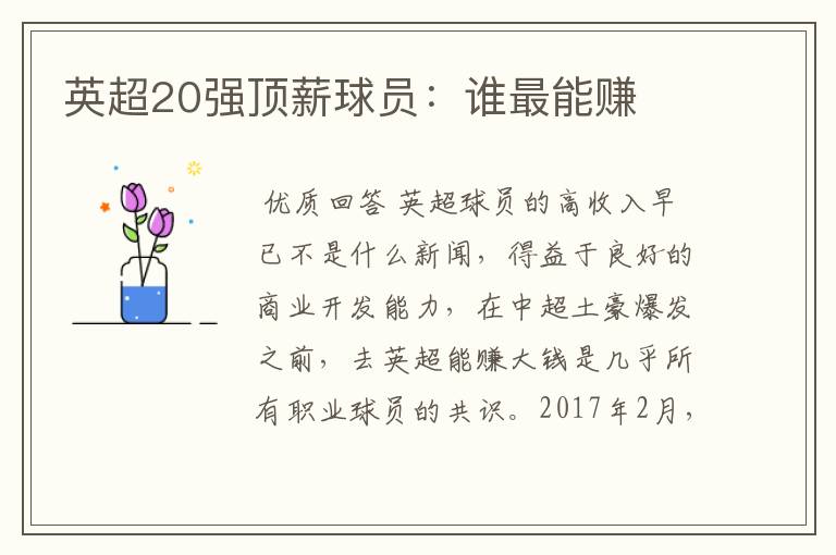 英超20强顶薪球员:谁最能赚