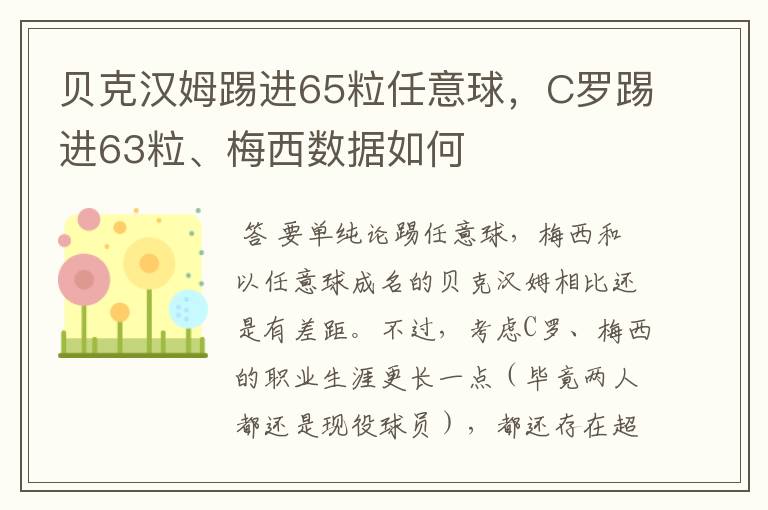贝克汉姆踢进65粒任意球,C罗踢进63粒、梅西数据如何