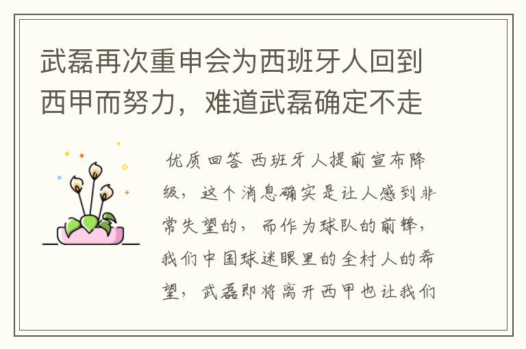 武磊再次重申会为西班牙人回到西甲而努力,难道武磊确定不走了?
