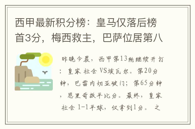 西甲最新积分榜:皇马仅落后榜首3分,梅西救主,巴萨位居第八