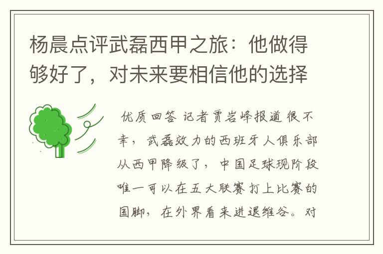 杨晨点评武磊西甲之旅:他做得够好了,对未来要相信他的选择