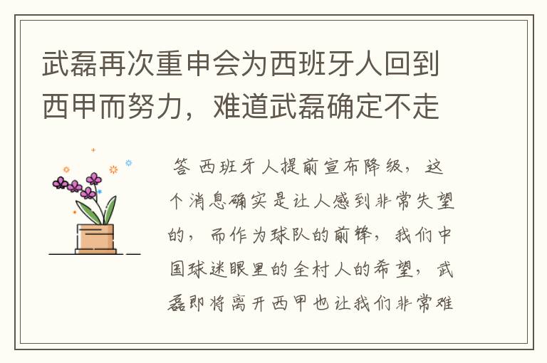 武磊再次重申会为西班牙人回到西甲而努力,难道武磊确定不走了?