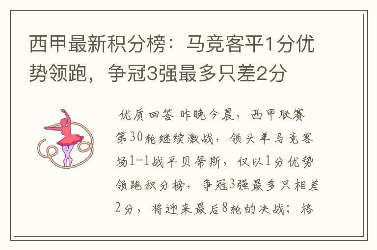 西甲最新积分榜:马竞客平1分优势领跑,争冠3强最多只差2分