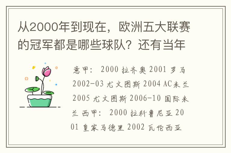 从2000年到现在,欧洲五大联赛的冠军都是哪些球队?还有当年的欧冠冠军。