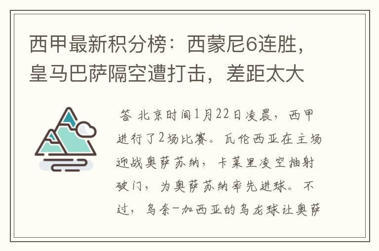 西甲最新积分榜:西蒙尼6连胜,皇马巴萨隔空遭打击,差距太大