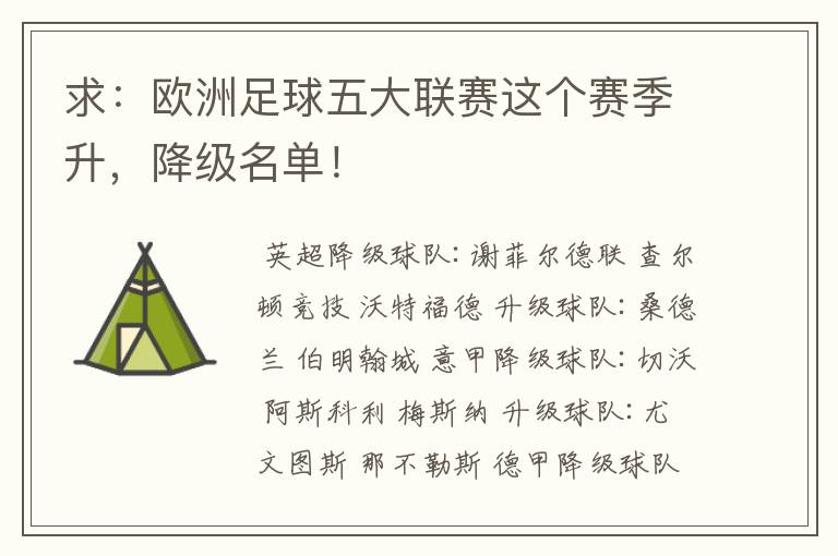求:欧洲足球五大联赛这个赛季升,降级名单!