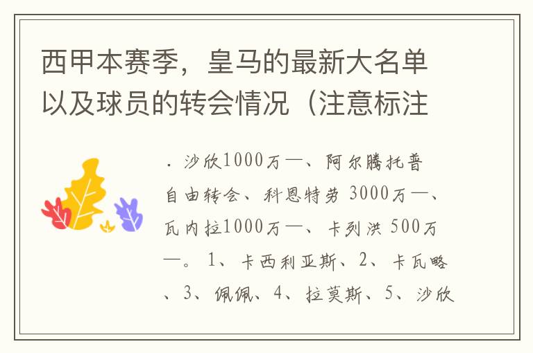 西甲本赛季,皇马的最新大名单以及球员的转会情况(注意标注球员身价)