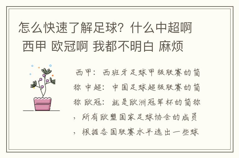 怎么快速了解足球?什么中超啊 西甲 欧冠啊 我都不明白 麻烦 有哪位特别了解足球的 跟我讲讲,多谢